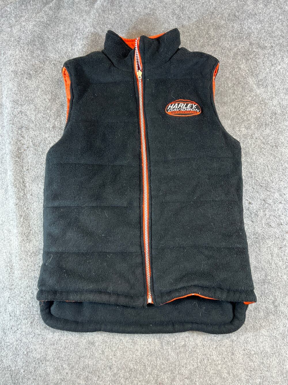 Harley Davidson Vest Jacket Kids M 10/12 Orange Black Reversible Fleece Gorpcore